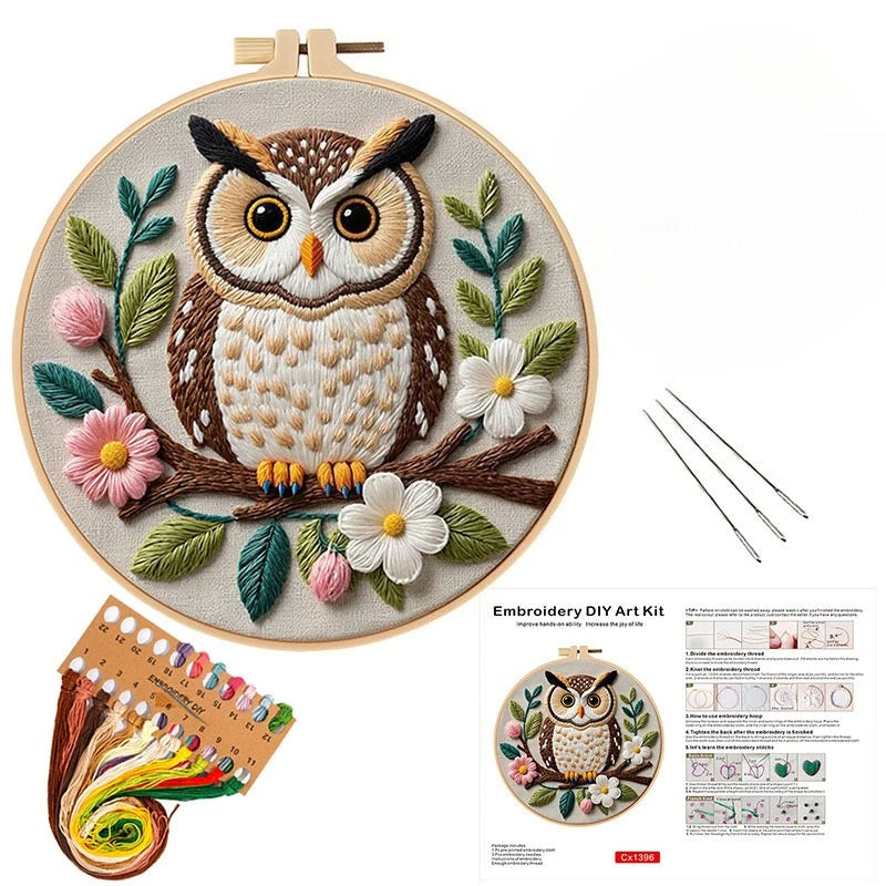 A complete DIY embroidery kit featuring an owl and flower design with stamped patterns for adults.