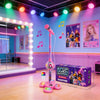 A pink karaoke microphone on a stand with LED lights displayed in a brightly lit room.