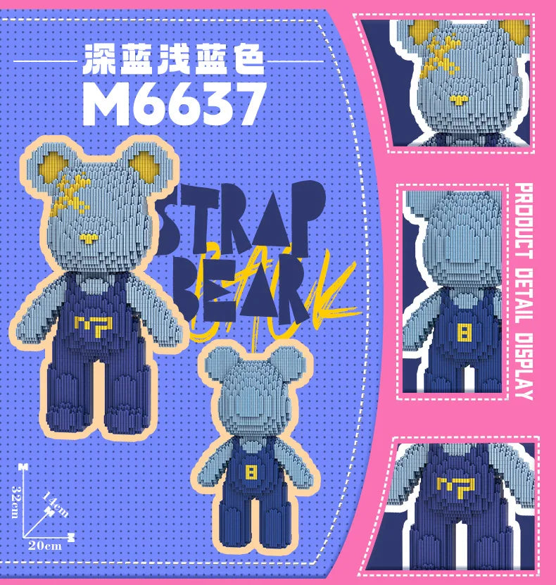 A detailed illustration of a blue bear brick set with a strap and yellow accents, showing product detail display.