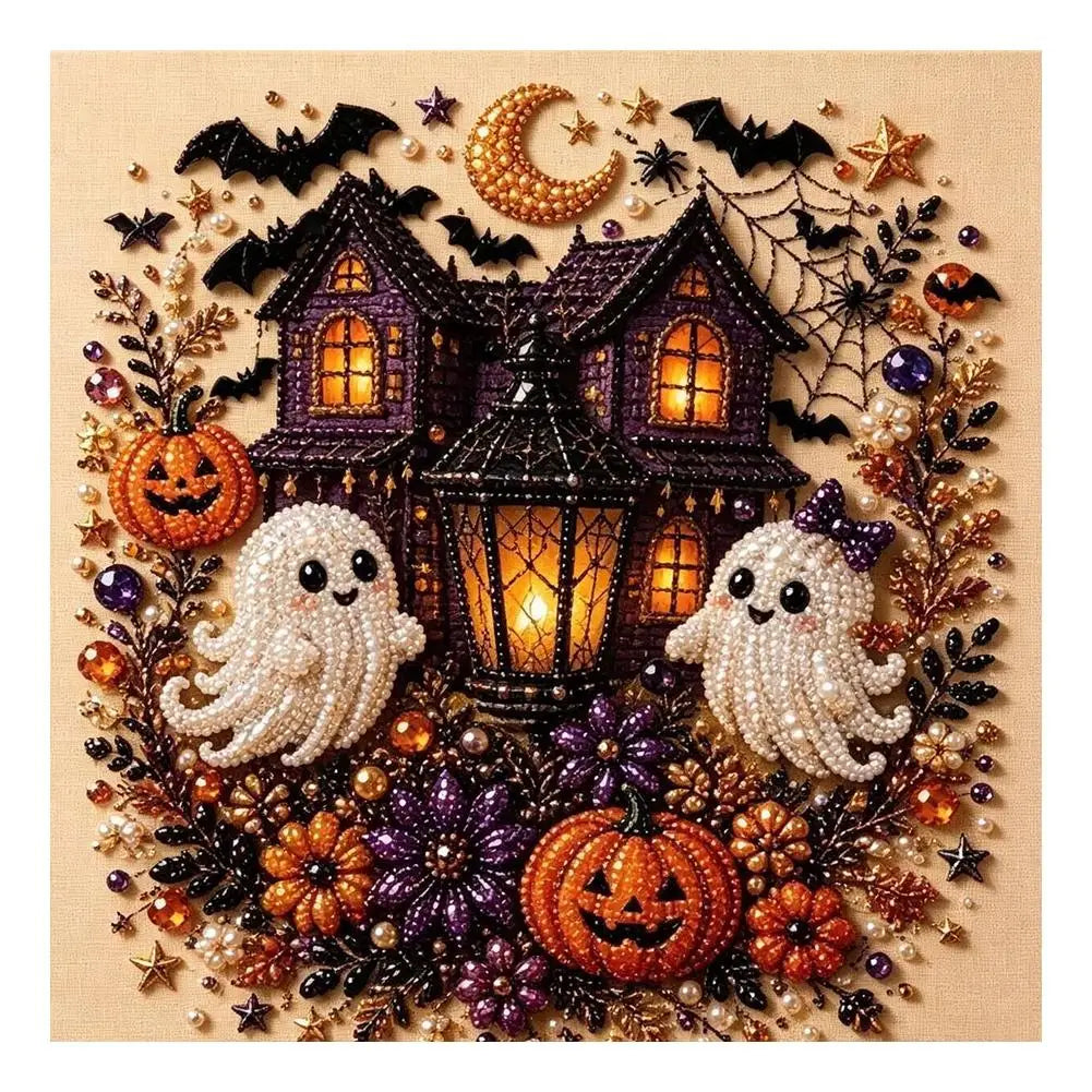 A detailed mosaic art piece featuring a haunted house, bats, pumpkins, and white ghosts made of pearls.
