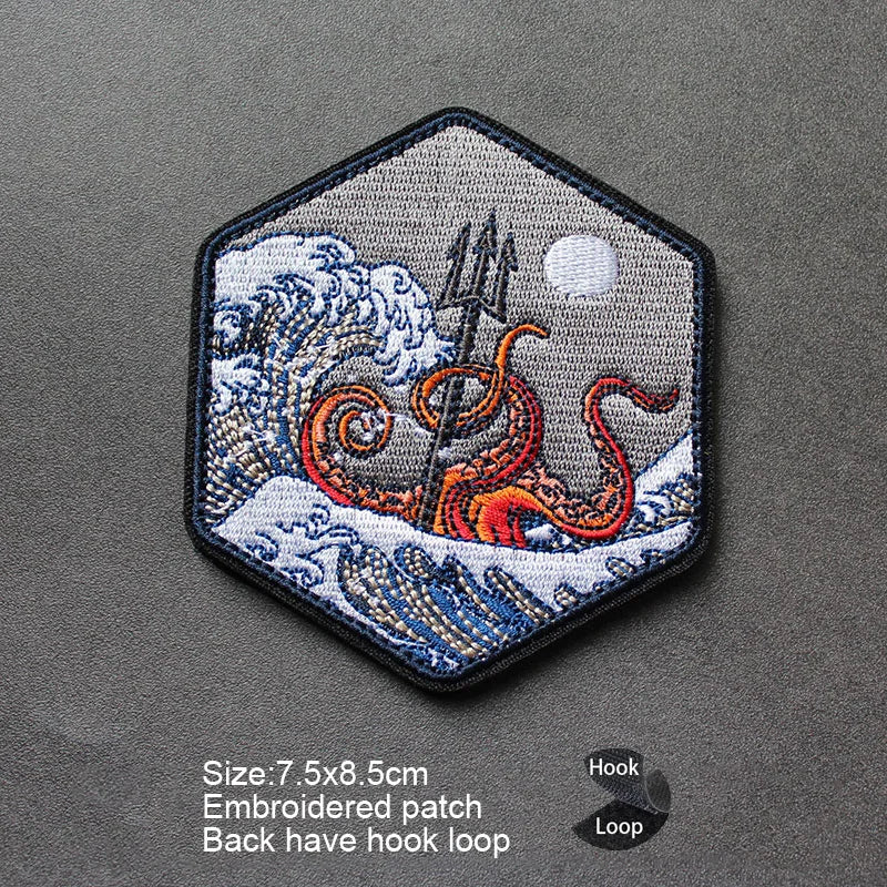 3D Embroidered Surfing Wave Patch with Octopus Design