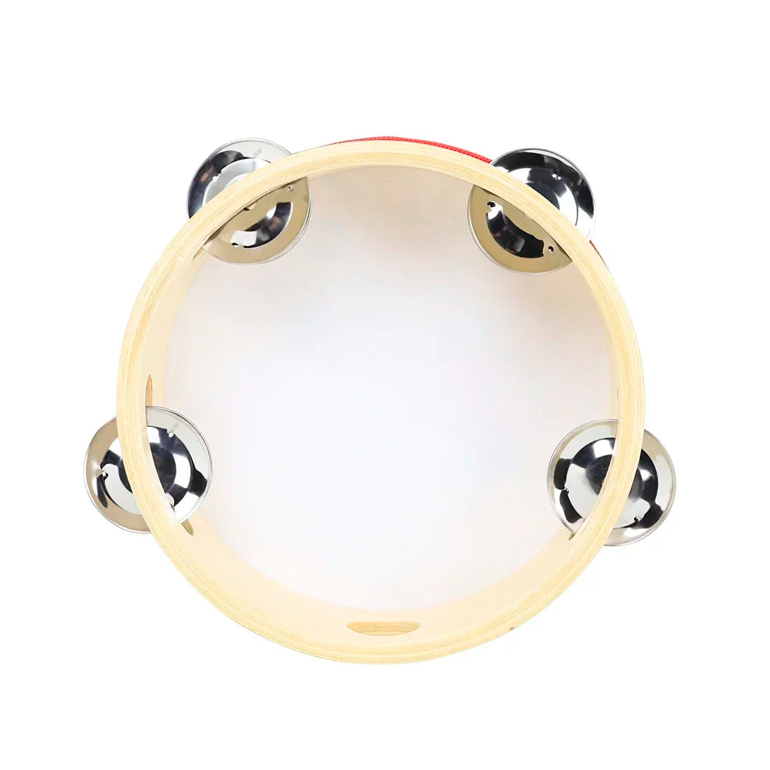 A round wooden tambourine with a light wood rim, silver metal jingles, and red accents.