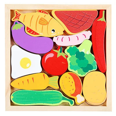 A wooden puzzle board featuring various colorful food shapes like fish, tomatoes, and vegetables for children.