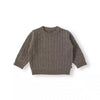 A gray knit sweater and pants set for a toddler.