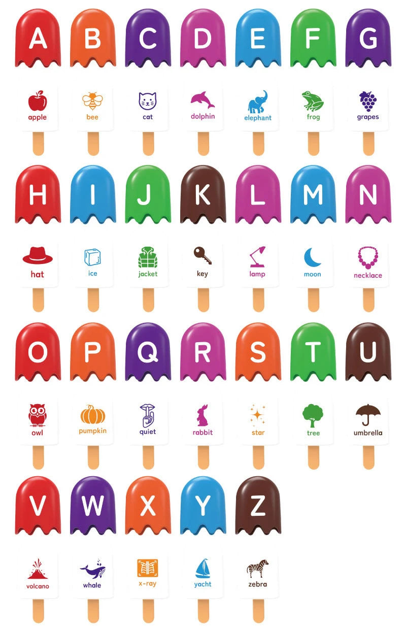 A set of colorful letter cards from A to Z used for ice cream sorting and early learning.