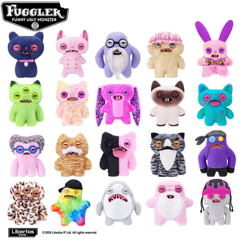 A collection of colorful Fuggler Tooth Monsters plush toys featuring various animal faces and textures.
