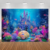A vibrant underwater scene featuring a detailed castle, colorful coral, and marine life for a party backdrop.