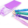 A set of resin diamond painting pens with various colored threaded dotting tips displayed next to their clear storage case.