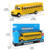A yellow diecast model of a pull-back city bus toy shown next to its packaging box.