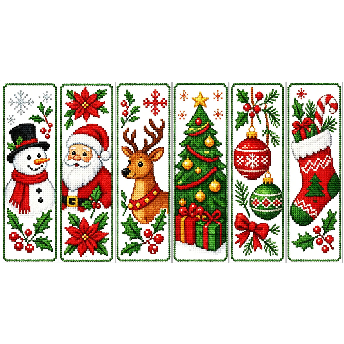 A set of six cross-stitch designs featuring Christmas and winter themes for a DIY bookmark craft kit.