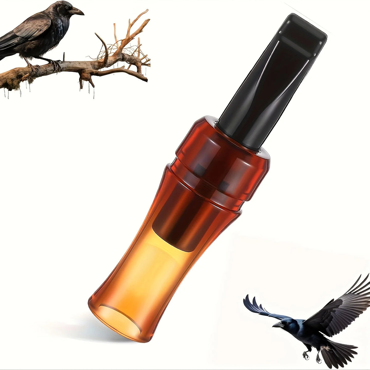 Sifflet en verre avec embouchure noire et illustration d'un corbeau et d'un oiseau en vol.