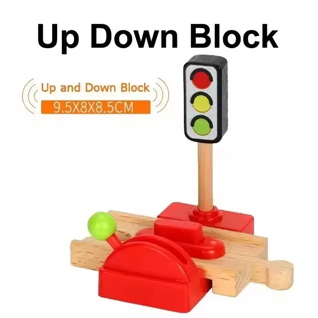 An Up Down Block set featuring a wooden tower with colored blocks and a red train track accessory.