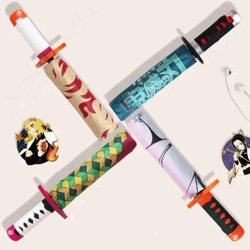 A Japanese katana sword with a folding umbrella sheath and decorative wrapping in red, green, and black.
