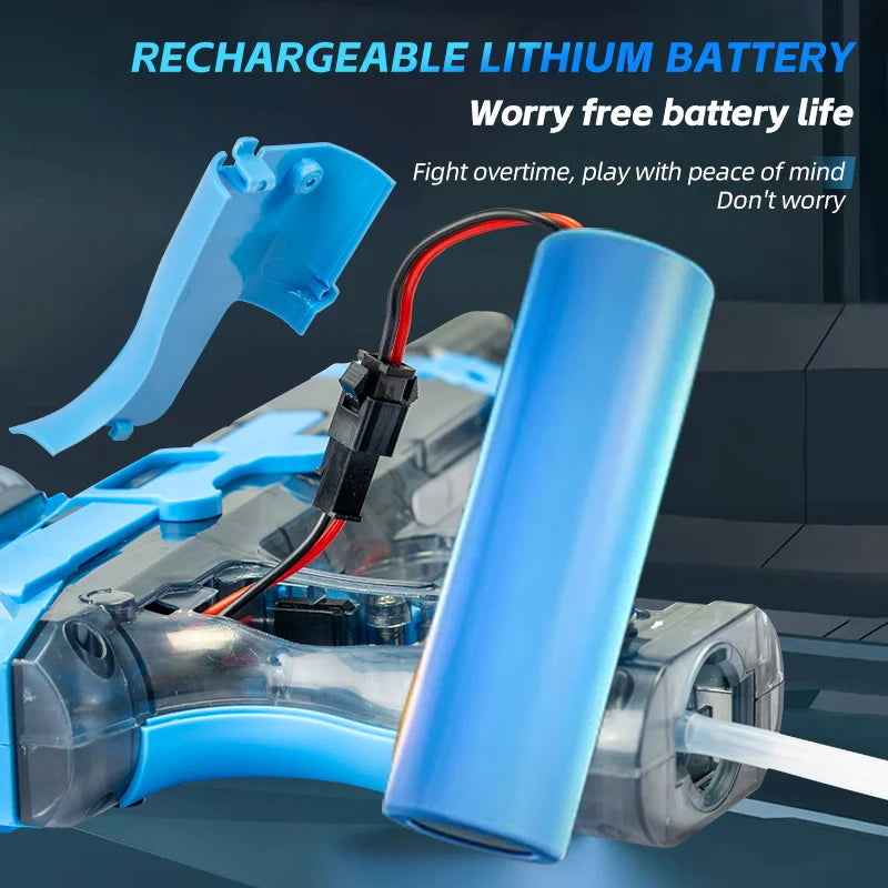 A blue rechargeable lithium battery is shown connected to an automatic electric water gun with a large tank.