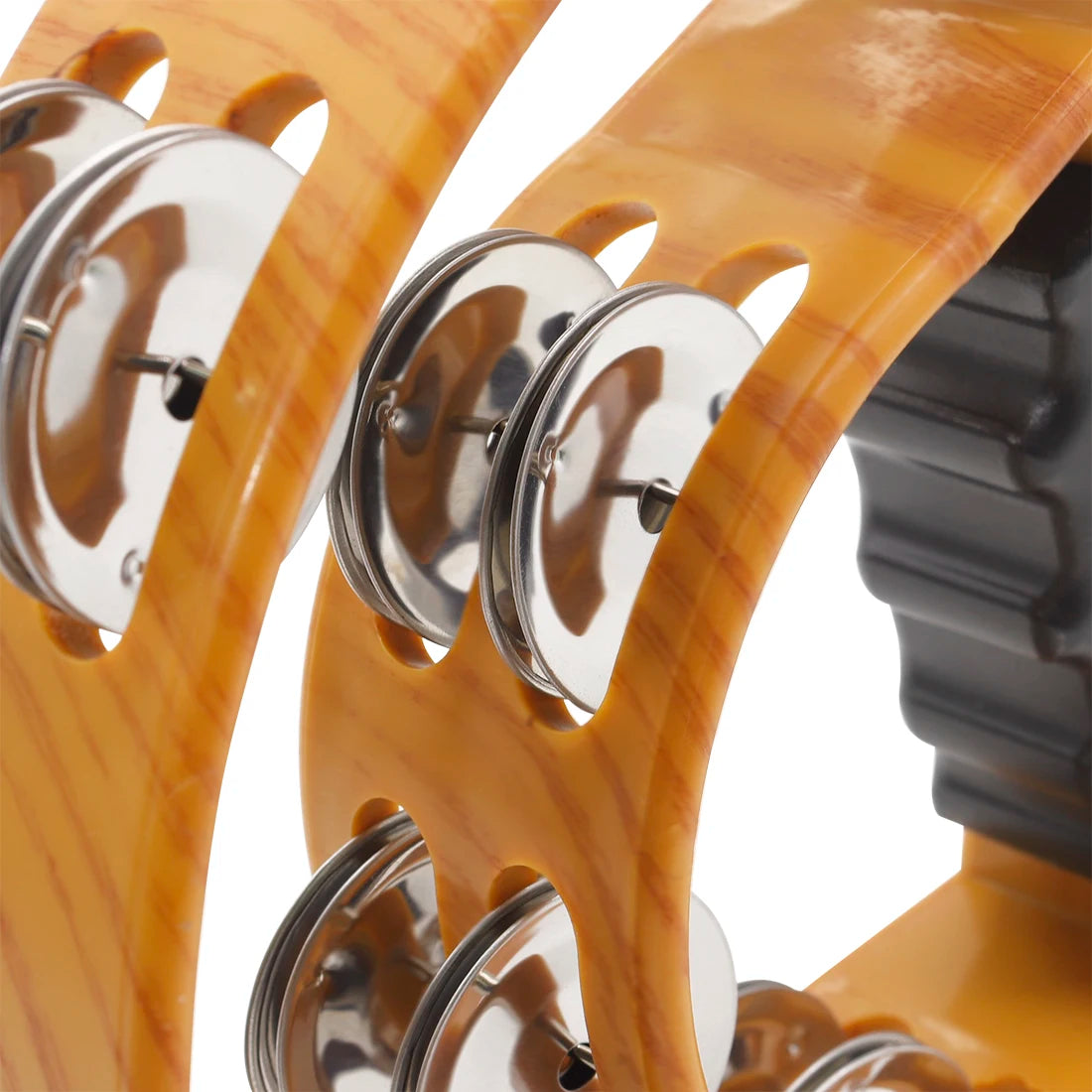 A close-up of a colorful double-layer tambourine with metal bells, showing the wooden frame and silver jingles.