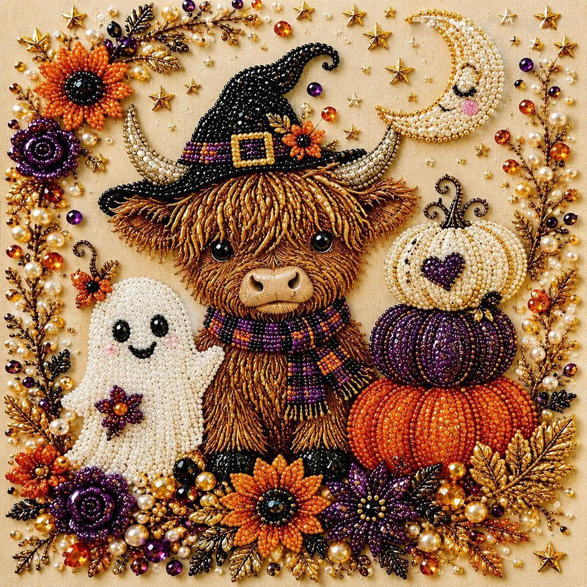 A detailed seasonal art kit featuring a brown goat, a white ghost, and various pumpkins and floral elements made with 3D pear