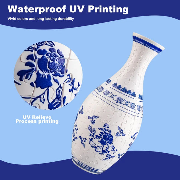 White ceramic flower vase with blue floral patterns created by waterproof UV printing on a light blue background.