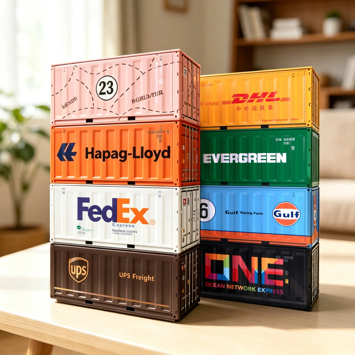 A stack of colorful shipping containers including DHL, Hapag-Lloyd, FedEx, and UPS Freight boxes.