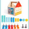 A wooden simulation set including a house, various tools like hammers and screwdrivers, and shape matching pieces for hands-o