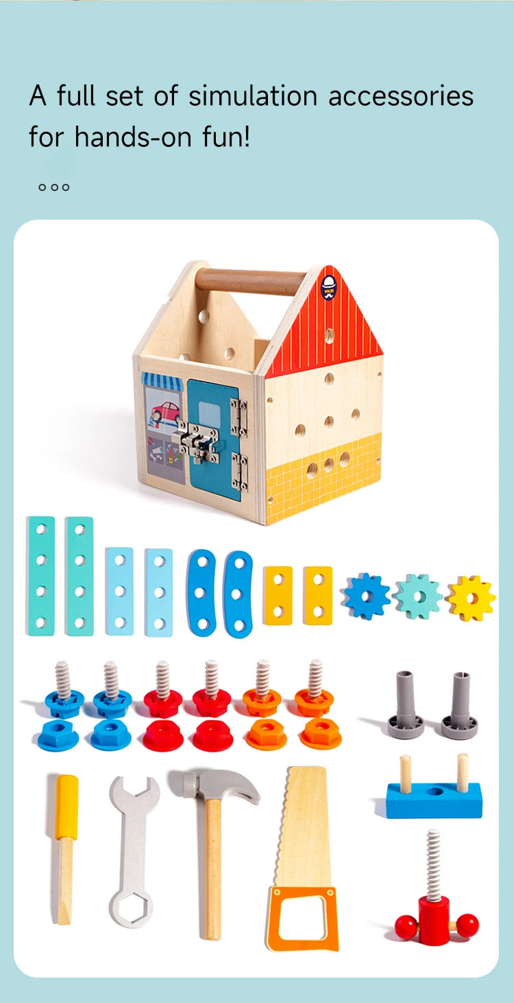 A wooden simulation set including a house, various tools like hammers and screwdrivers, and shape matching pieces for hands-o