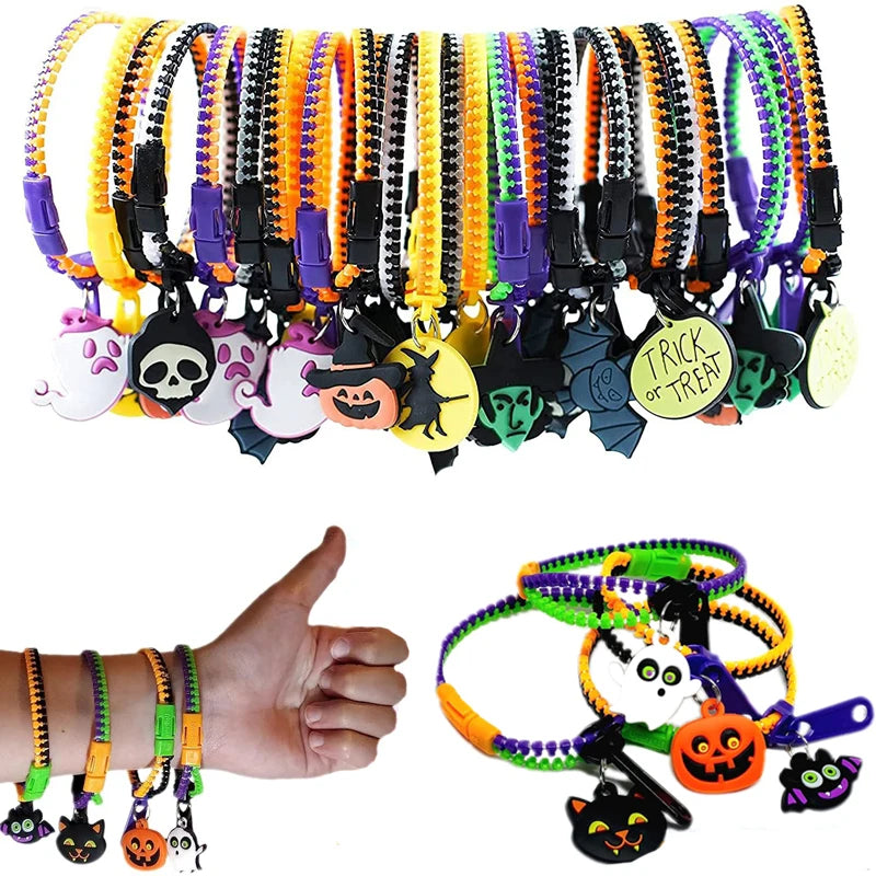 A colorful set of Halloween skull and pumpkin fidget toys in various colors and shapes.