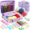 A purple organizer case holds a 59-piece beginner crochet kit including various colored yarn and needles.