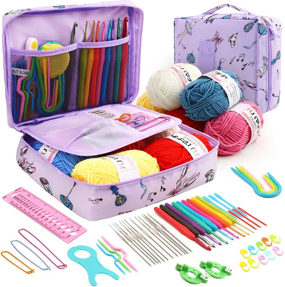 A purple organizer case holds a 59-piece beginner crochet kit including various colored yarn and needles.