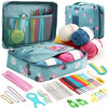 A complete 59-piece crochet kit for beginners with storage bag showing various yarn, needles, and accessories.