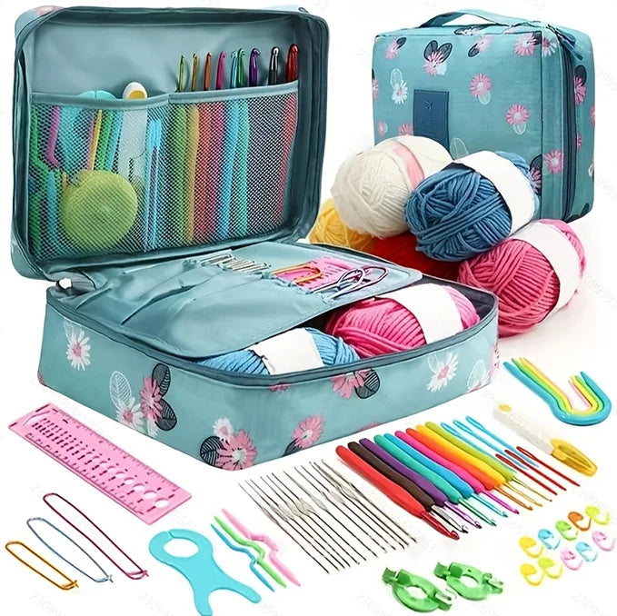 A complete 59-piece crochet kit for beginners with storage bag showing various yarn, needles, and accessories.