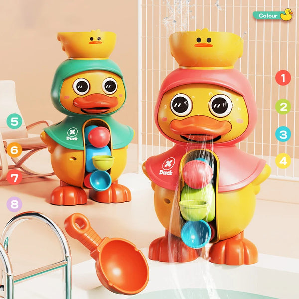 A yellow duck bathtub toy with a pink body and green accents is shown in use, featuring various bath accessories.