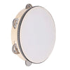 A hand-cranked wooden tambourine with metal bells, featuring a light beige body and black striped edge.