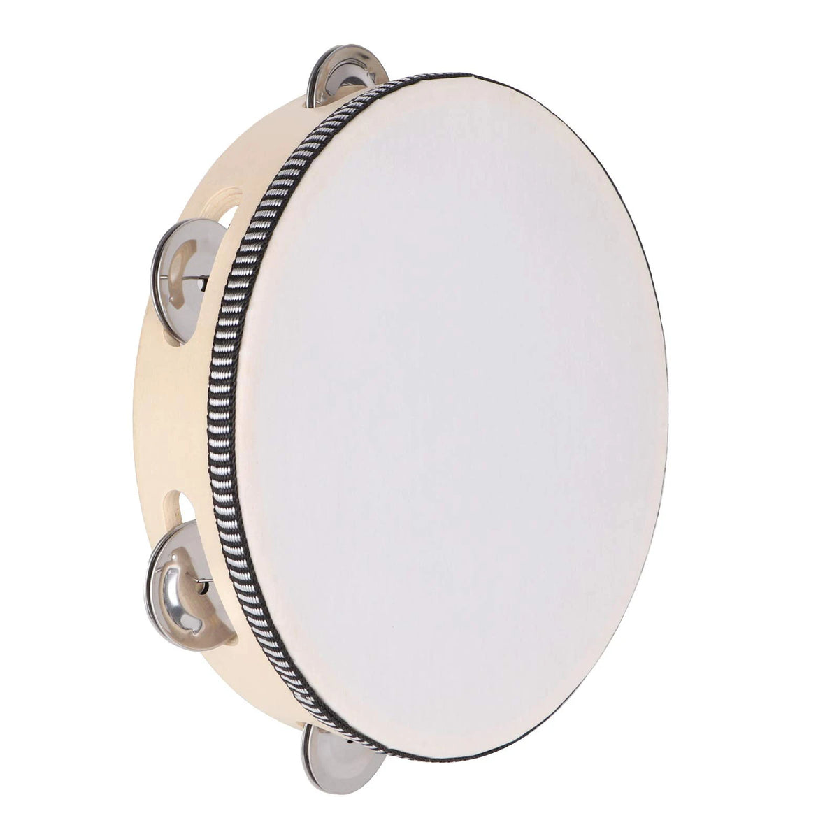 A hand-cranked wooden tambourine with metal bells, featuring a light beige body and black striped edge.