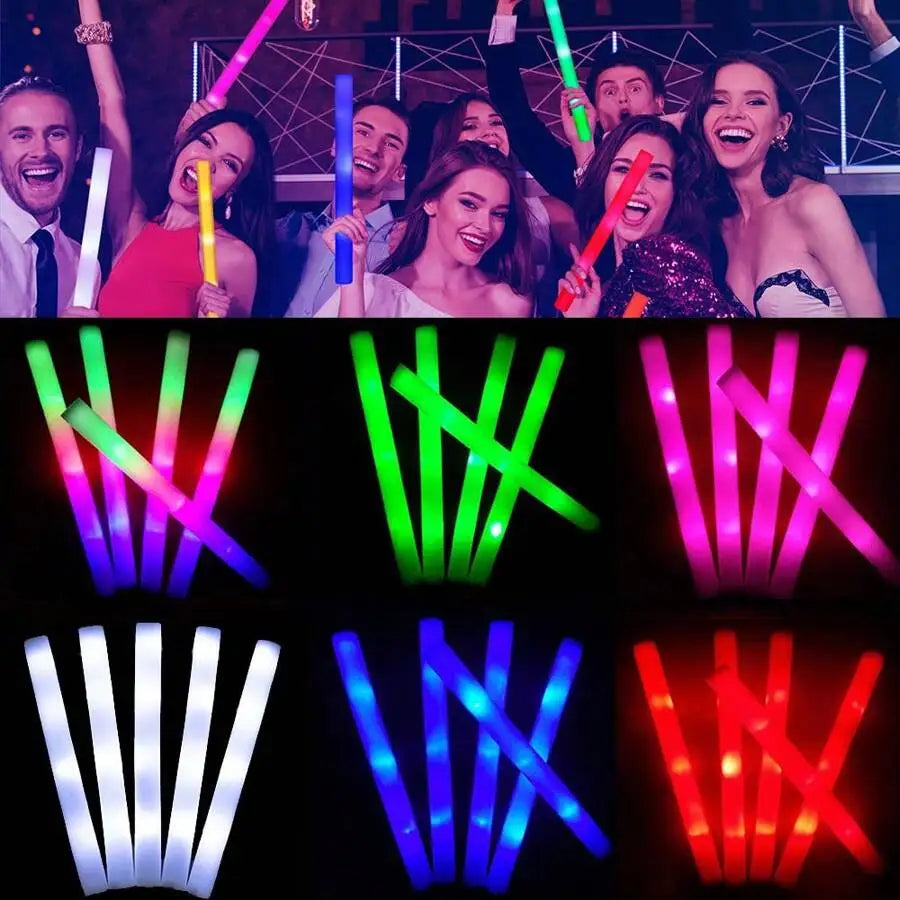 A collection of various colored LED glow sticks, including pink, green, blue, and red lights.
