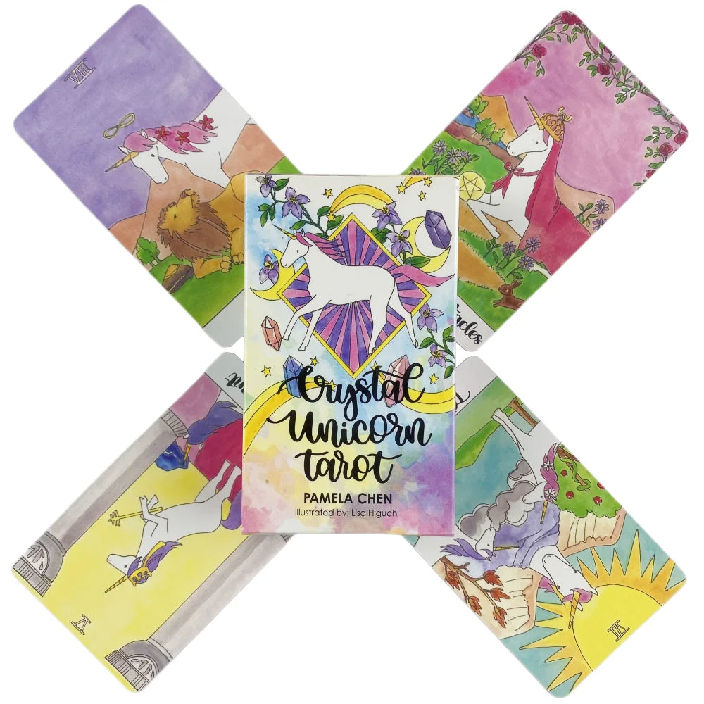 A set of five tarot cards featuring unicorn illustrations and vibrant colors.