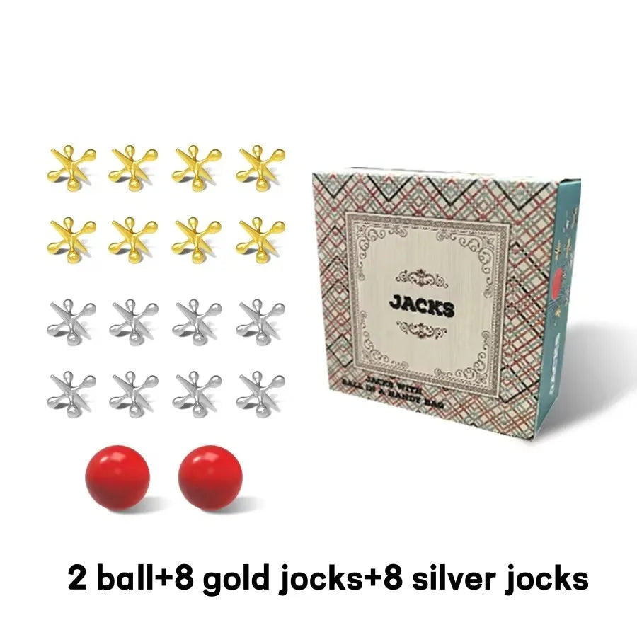 Une boîte contenant 8 jacks en métal or et argent et une balle rebondissante pour un jeu classique.
