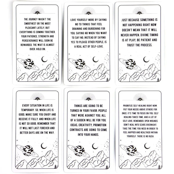 A set of nine tarot-style cards featuring text and illustrations related to self-love and personal journey guidance