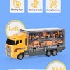 A yellow diecast construction vehicle playset is shown with a double receive storage compartment on the left and right sides.