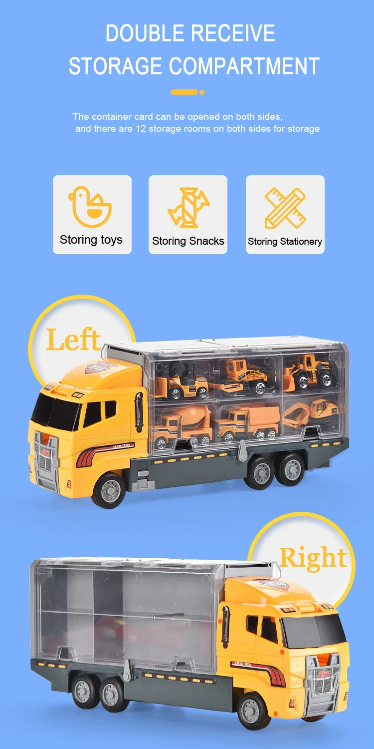 A yellow diecast construction vehicle playset is shown with a double receive storage compartment on the left and right sides.