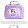 A purple kids pretend makeup set featuring a character in a dress and various cosmetic tools.