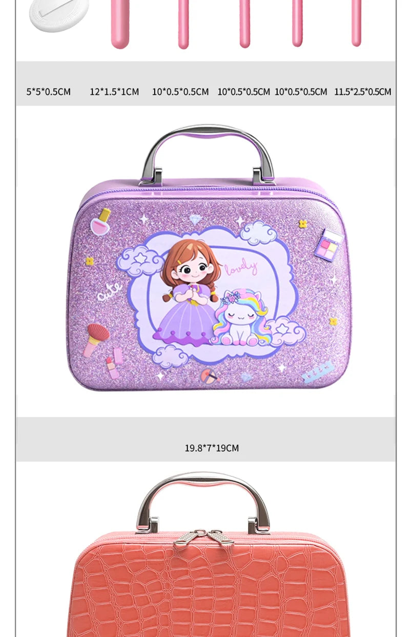 A purple kids pretend makeup set featuring a character in a dress and various cosmetic tools.