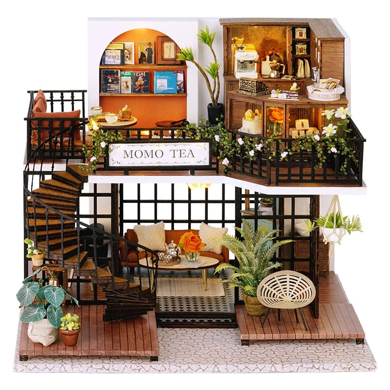 A detailed miniature dollhouse puzzle kit featuring a wooden cafe interior with shelves and seating.