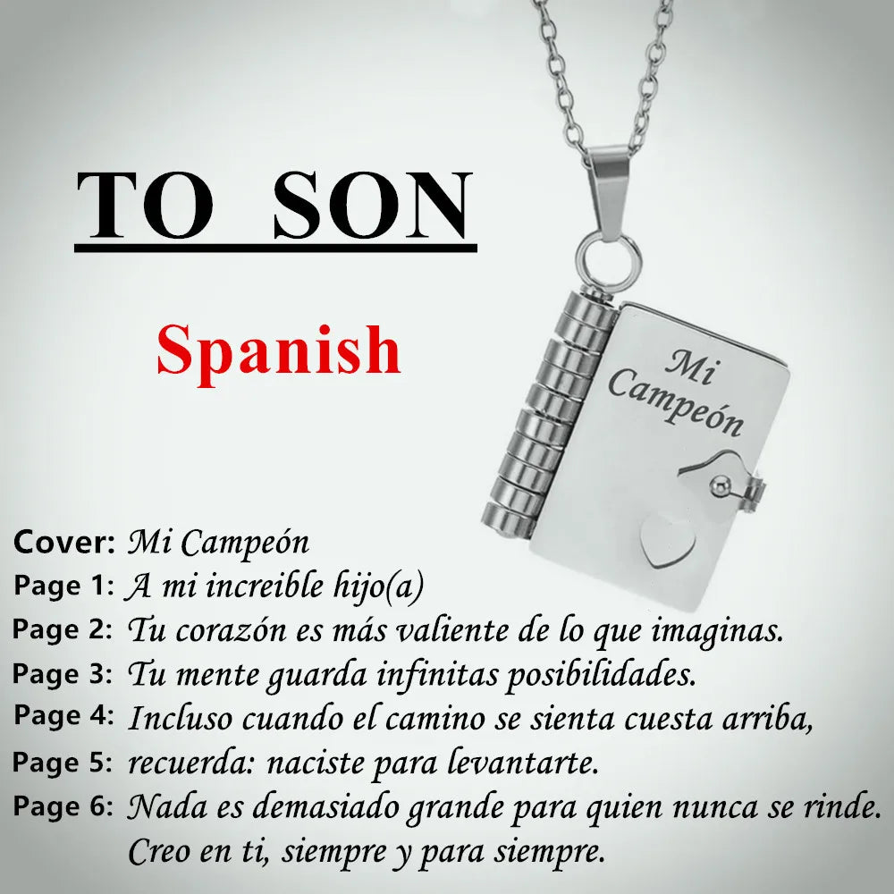 Silver pendant necklace with Spanish engraving Mi Campeón on a rectangular cover.