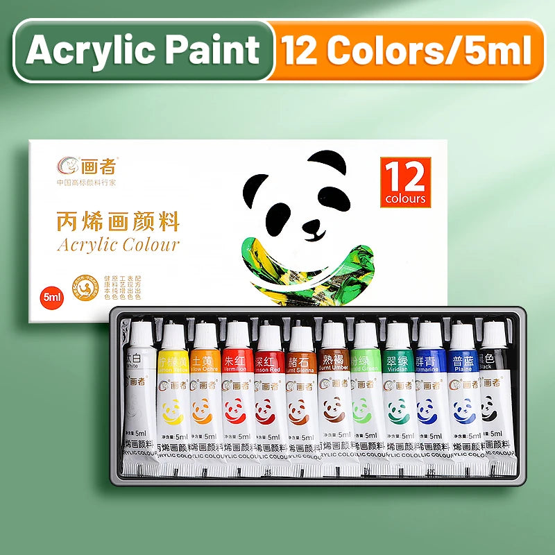 A set of 12 colors of acrylic paint in 5ml bottles displayed on a white background.