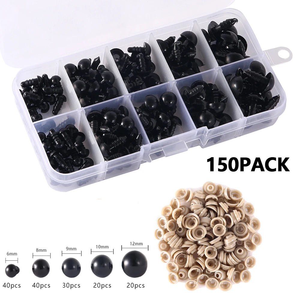 A clear plastic box containing 150 black plastic safety eyes and noses for dolls and stuffed animals.