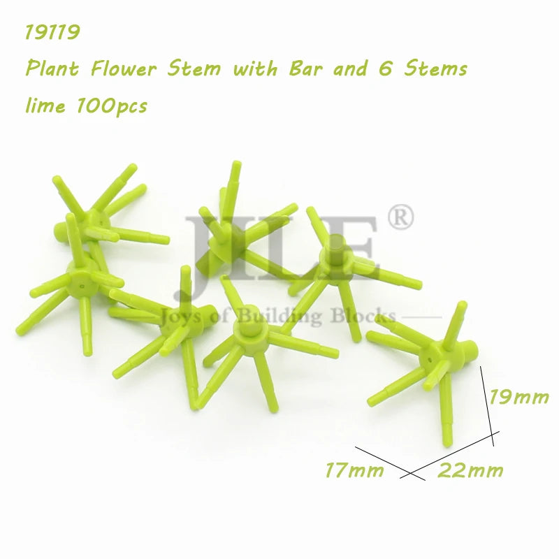 A set of 100 lime green plant flower stems with bars and six stems for building blocks.