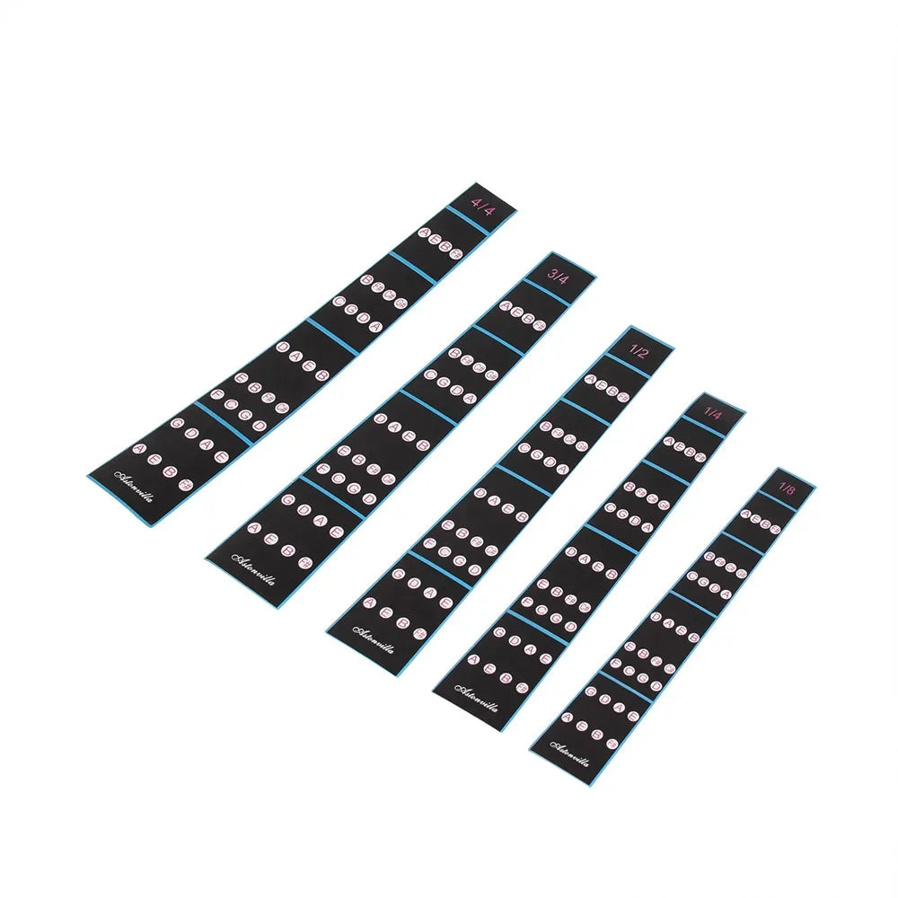 A set of violin fretboard note stickers showing various fractions like 4/4, 3/4, and 1/2.