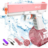 A pink and white electric battery-powered water gun with a detachable bottle and accessories splashing water.