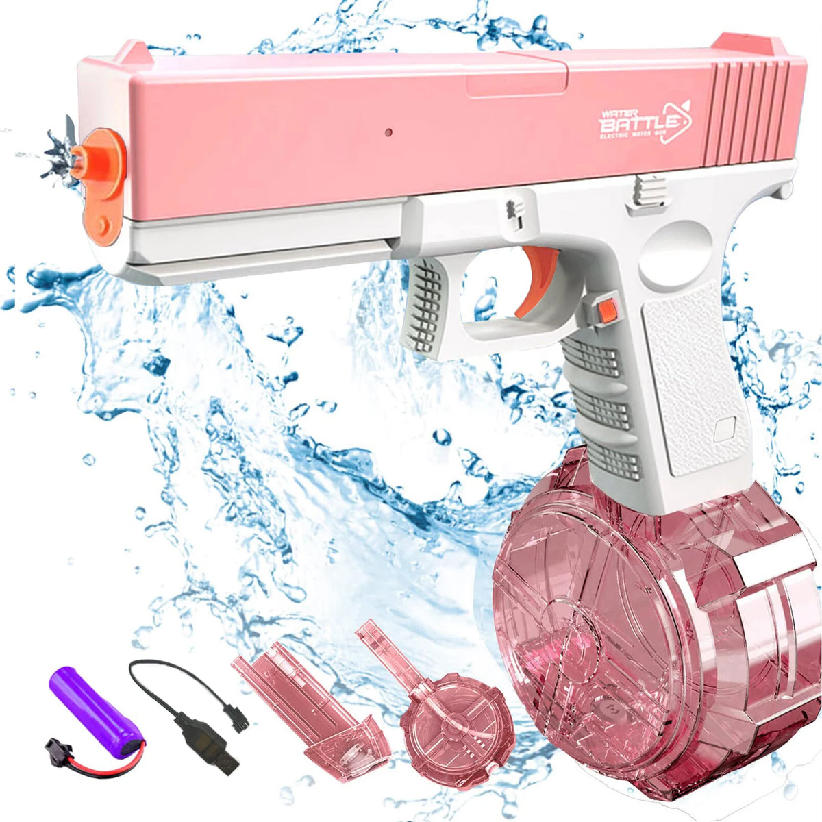 A pink and white electric battery-powered water gun with a detachable bottle and accessories splashing water.