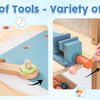 A variety of wooden tools and playing items used in a kids workbench for learning and play.