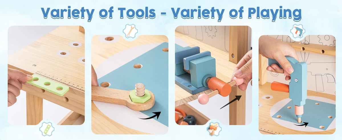 A variety of wooden tools and playing items used in a kids workbench for learning and play.